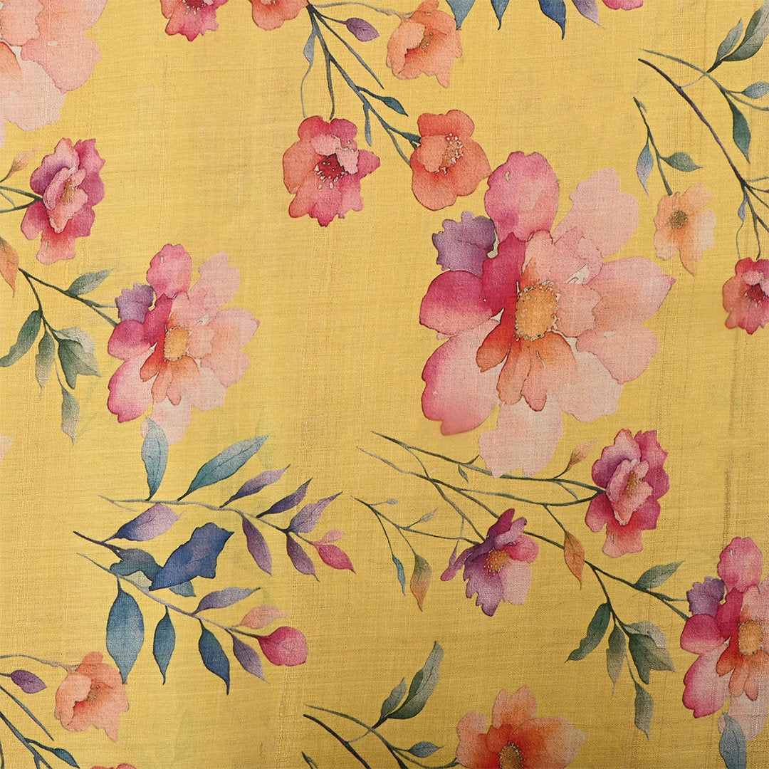 Apache Yellow Tussar Fabric With Floral Prints