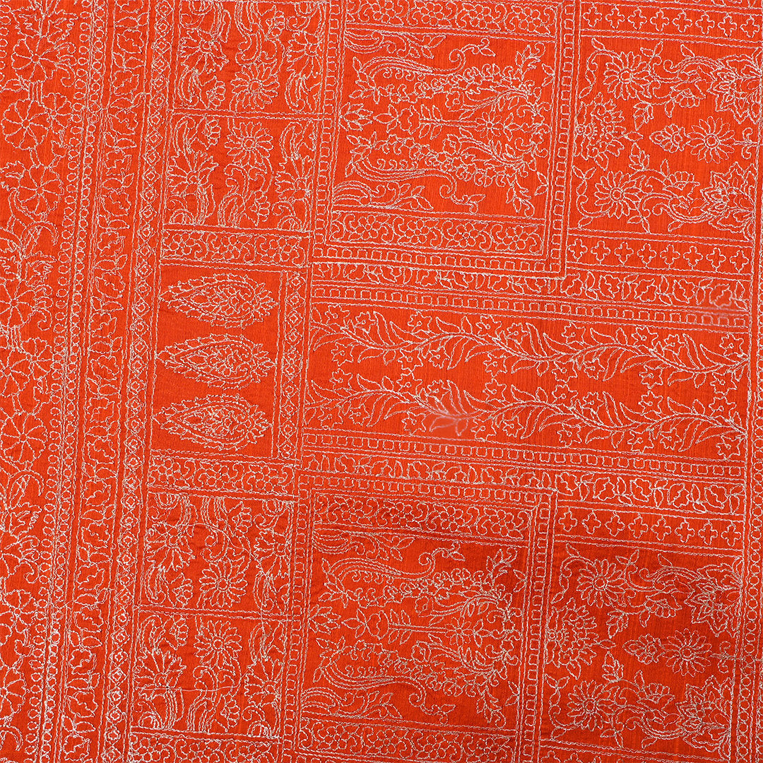 Carrot Orange Dupion Raw Silk Fabric With Thread Work