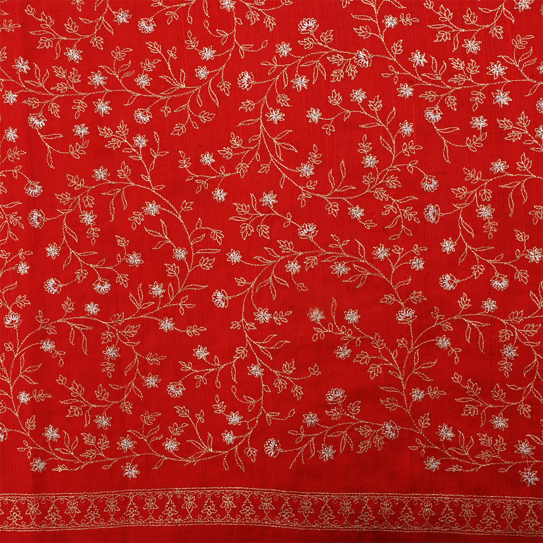 Burnt Orange Dupion Raw Silk Zari Embroidered Fabric