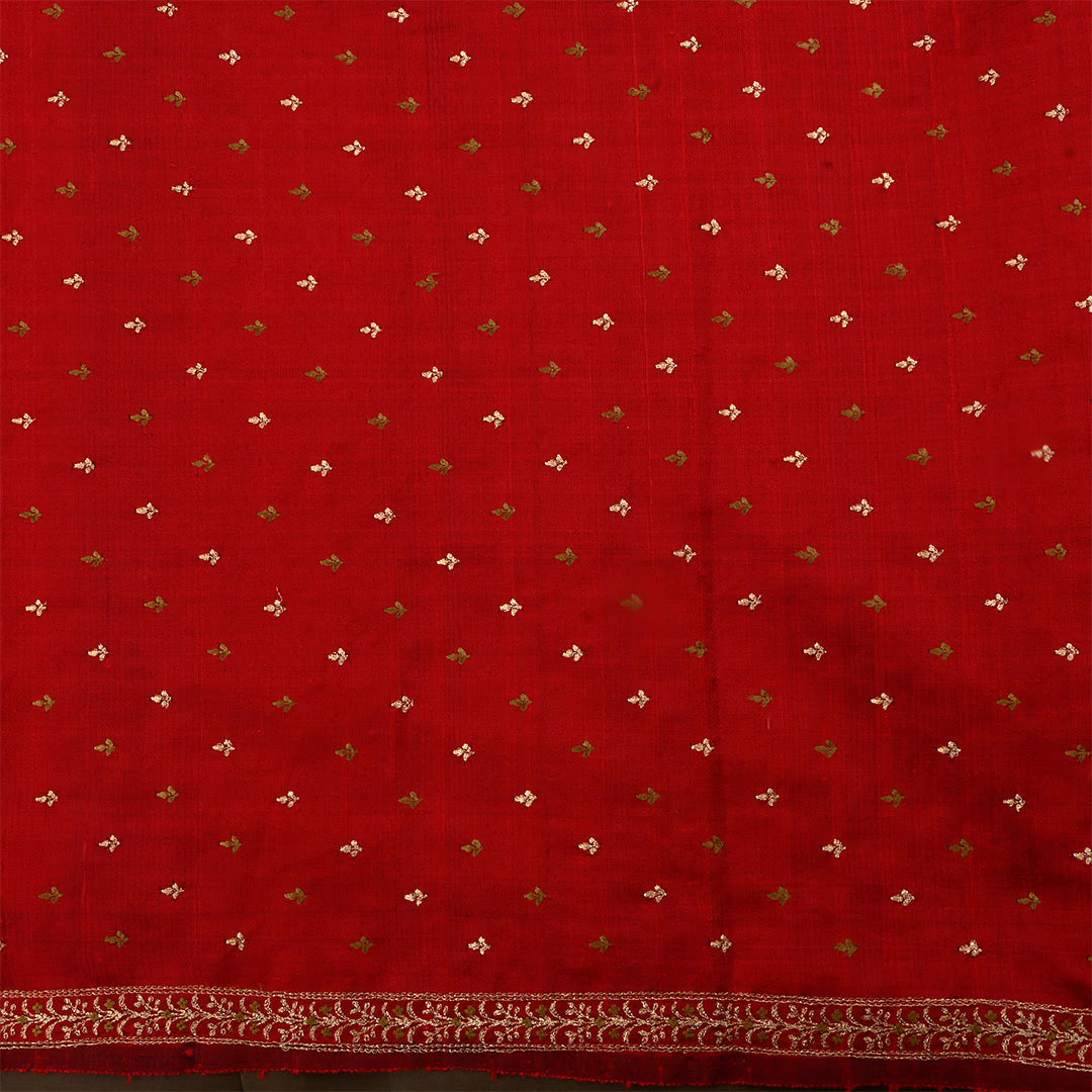 Red Berry Dupion Raw Silk Zari Embroidered Fabric