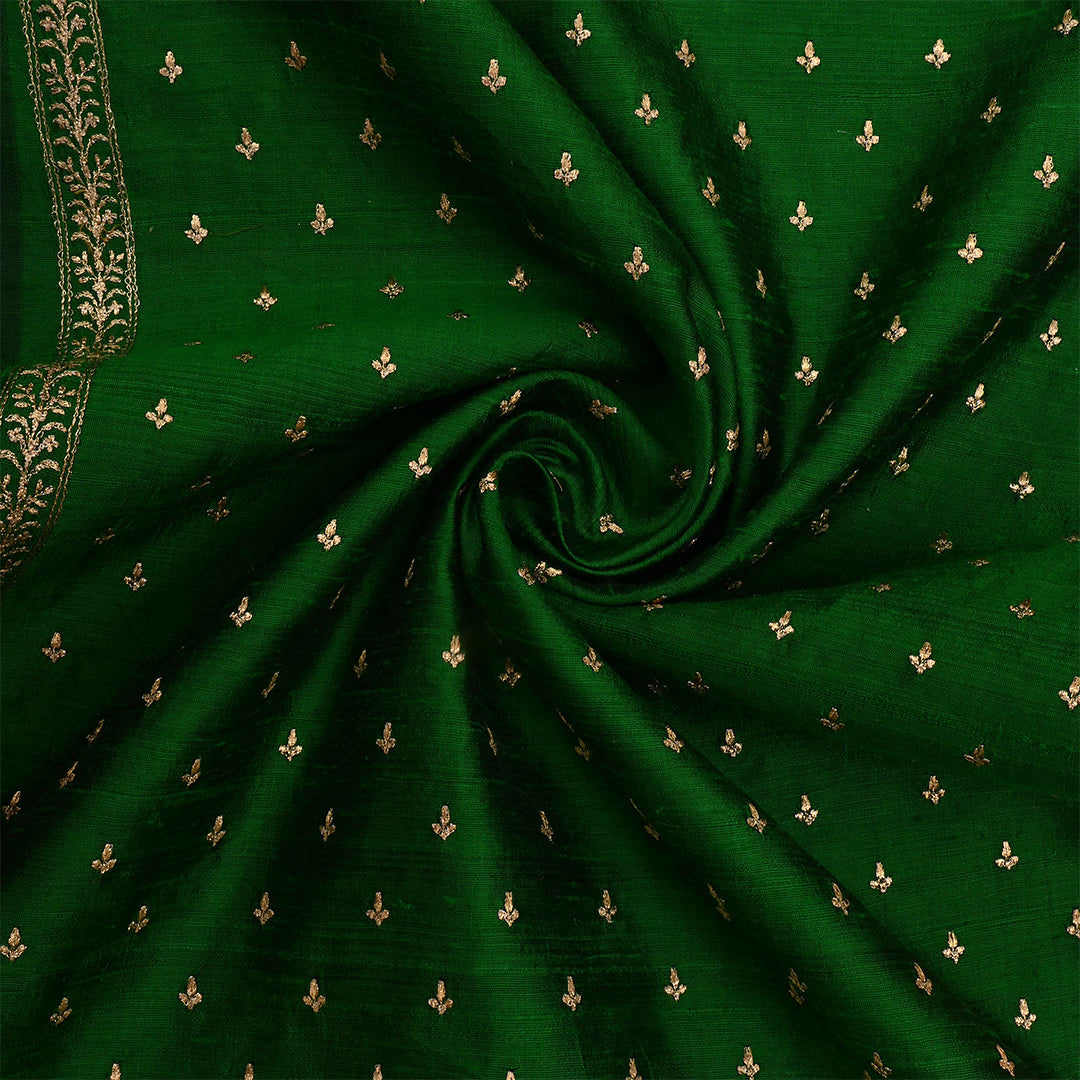 British Racing Green Dupion Raw Silk Zari Embroidered Fabric