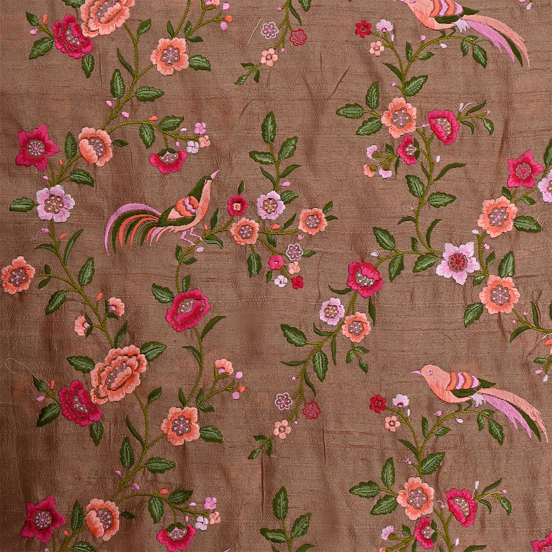 Brown Dupion Raw Silk Floral Embroidered Fabric