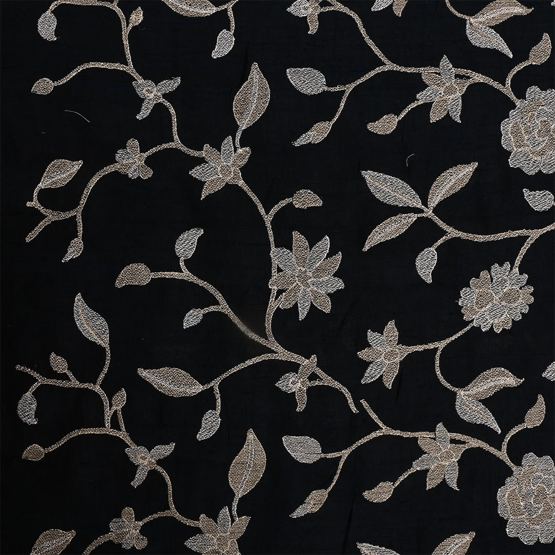 Black Dupion Raw Silk Embroidered Fabric