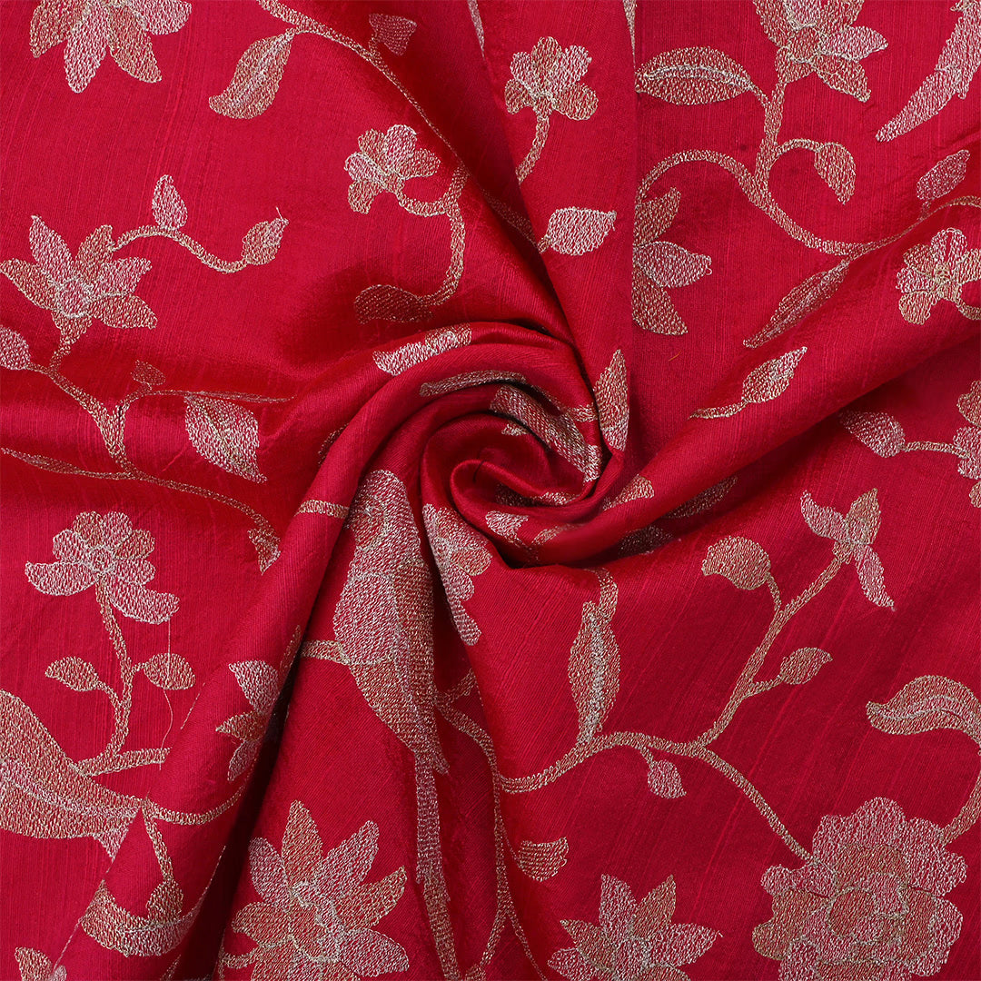 Cardinal Red Dupion Raw Silk Embroidered Fabric