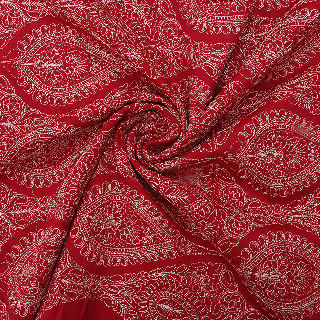 Red Moonga Tussar Embroidered Fabric