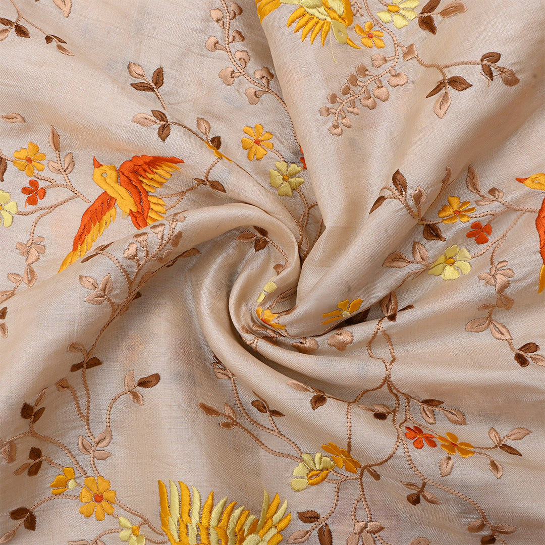 Almond Beige Tussar Embroidered Fabric
