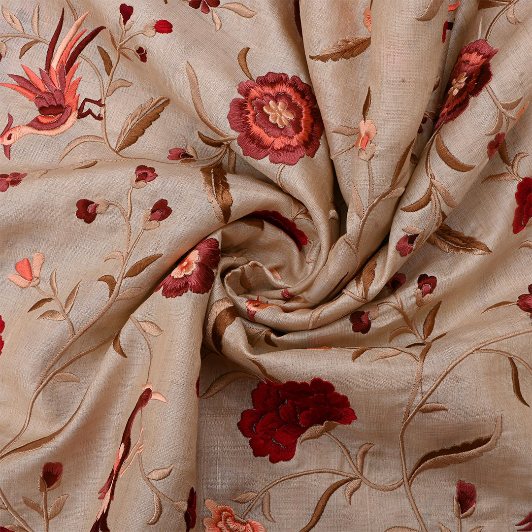 Bone Beige Tussar Embroidered Fabric