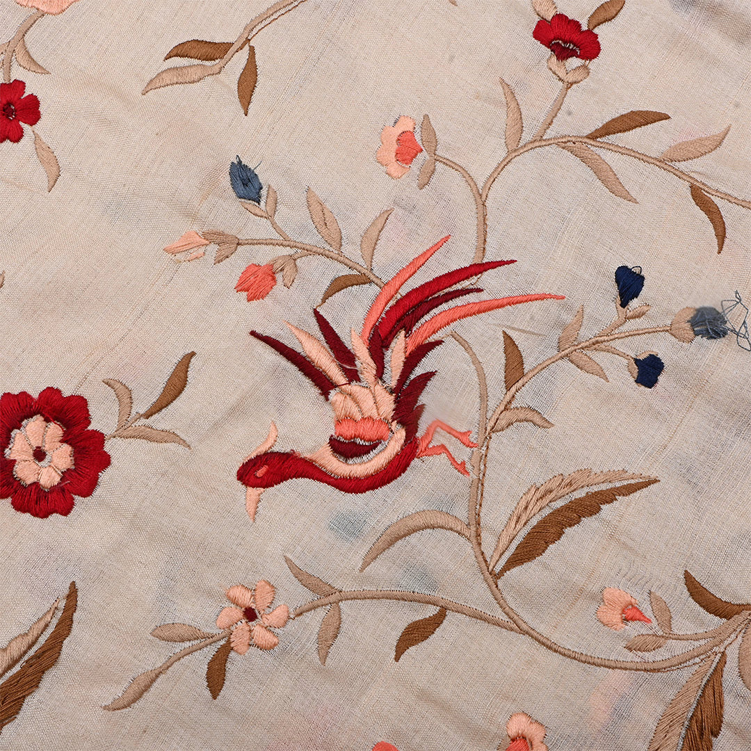 Vanilla Cream Tussar Embroidered Wine Fabric