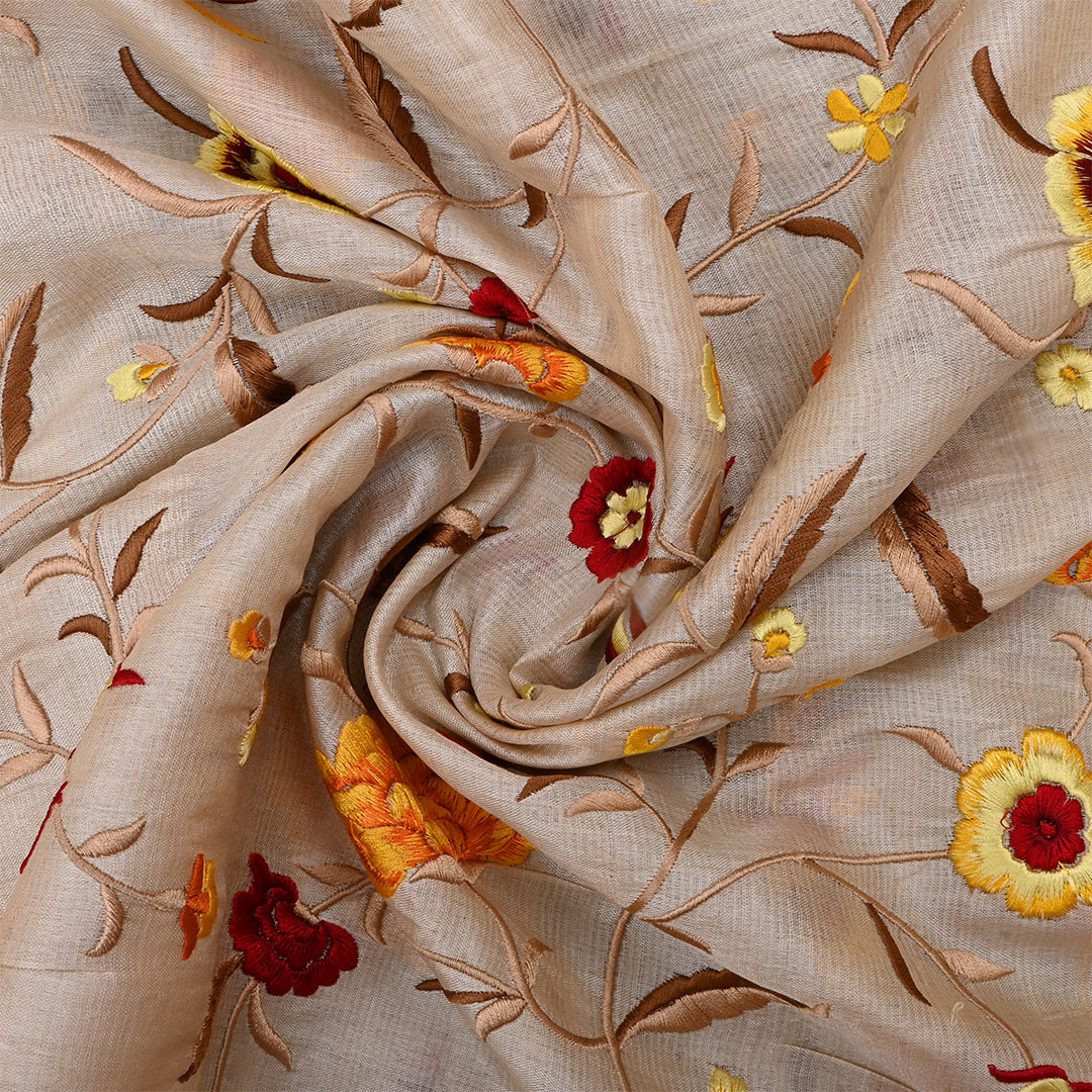 Vanilla Cream Tussar Floral Embroidered Fabric