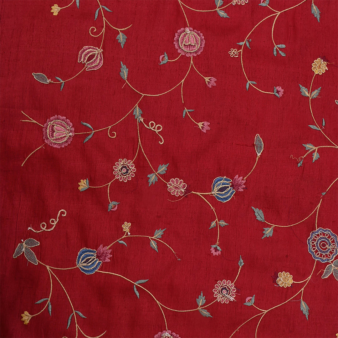 Falu Red Tussar Floral Embroidered Fabric