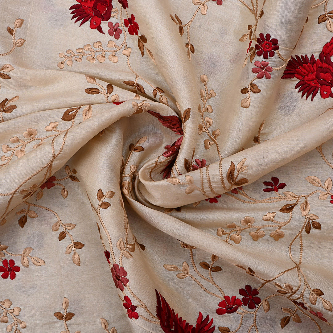 Vanilla Cream Tussar Embroidered Fabric