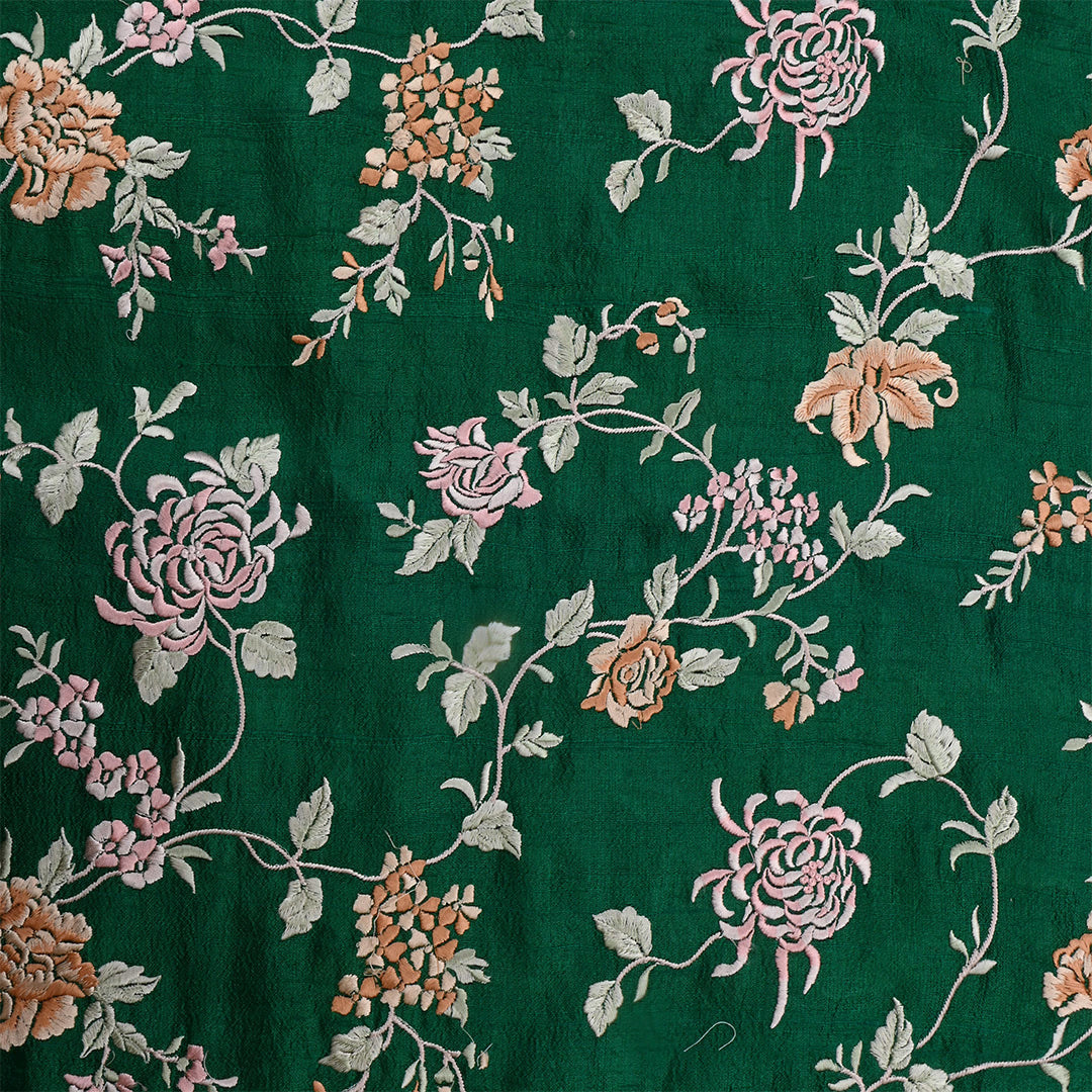 Evergreen Dupion Raw Silk Embroidered Fabric