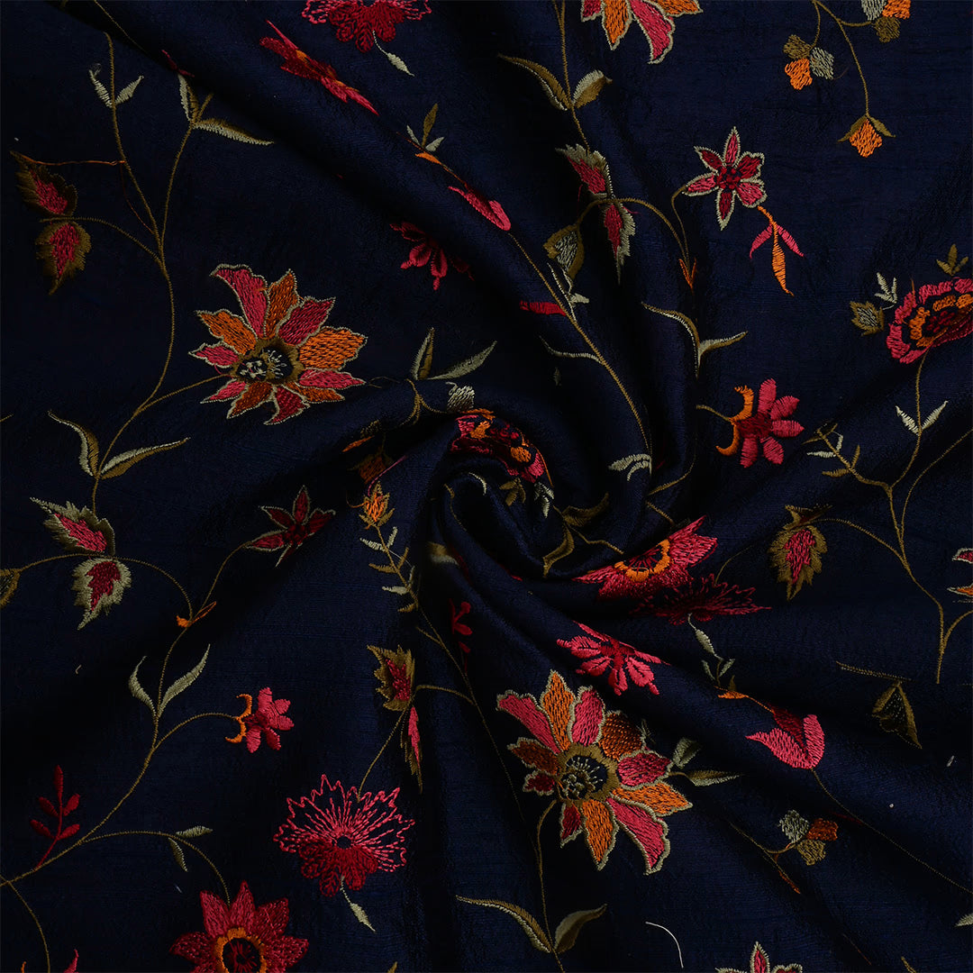 Dark Navy Blue Dupion Raw Silk Embroidered Fabric