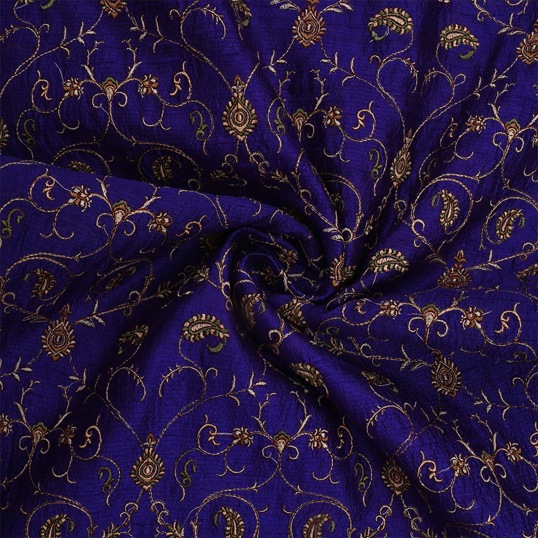 Dark Indigo Dupion Raw Silk Paisley Embroidered Fabric