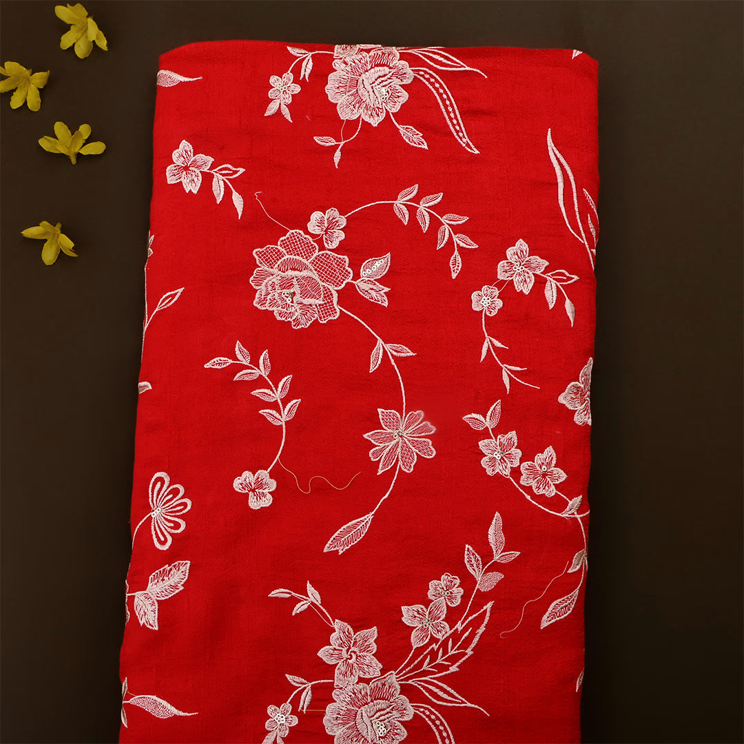 Red Dupion Raw Silk Embroidered Fabric