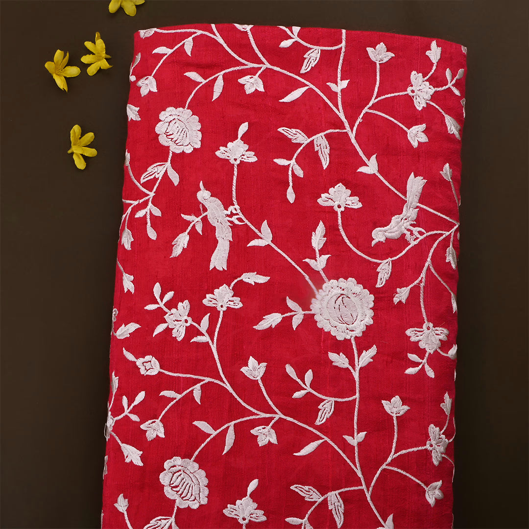 Cornell Red Dupion Raw Silk Embroidered Fabric