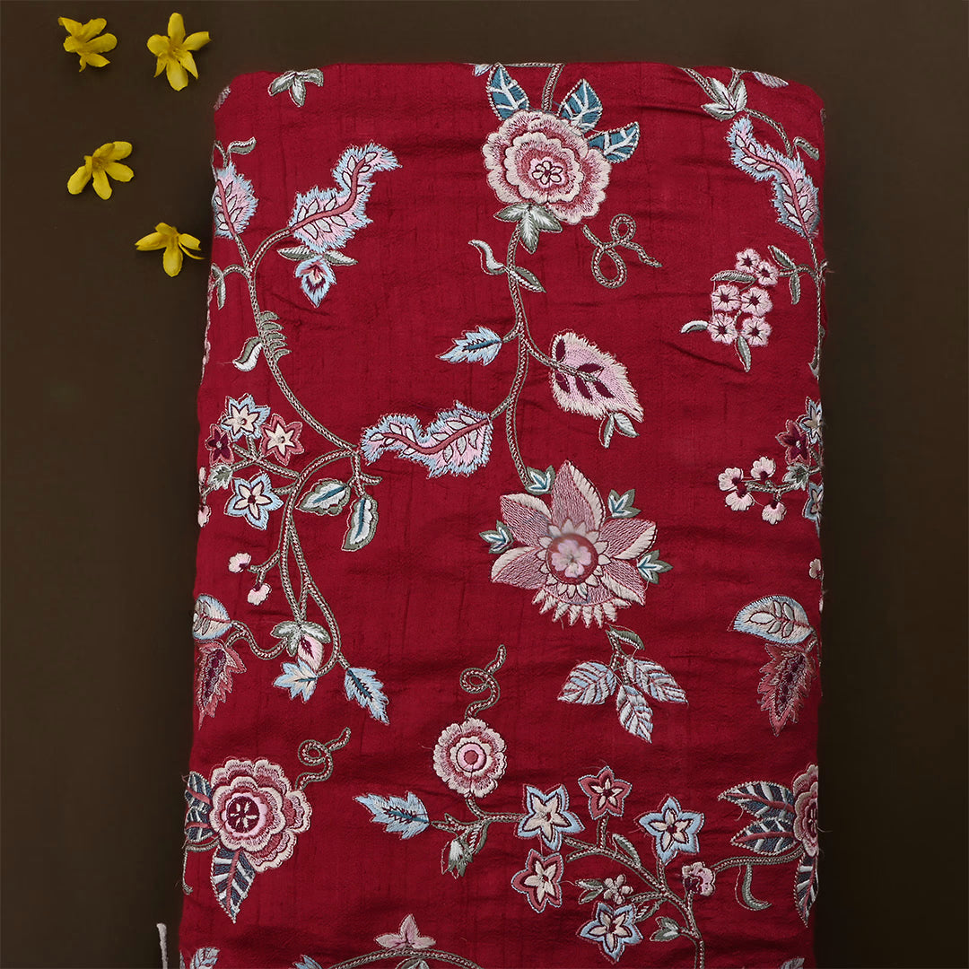 Firebrick Red Dupion Raw Silk Embroidered Fabric