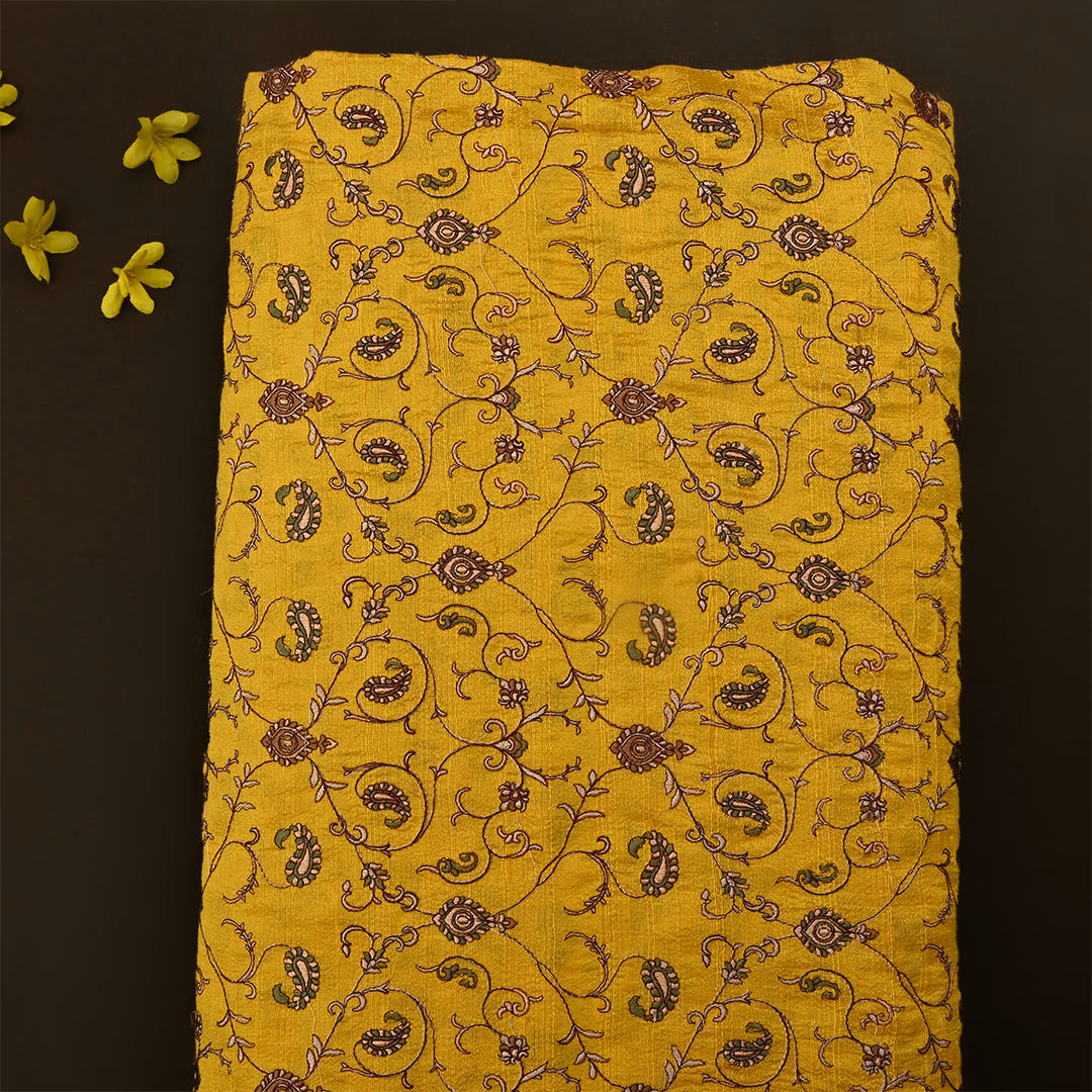 Dark Gold Dupion Raw Silk Paisley Embroidered Fabric