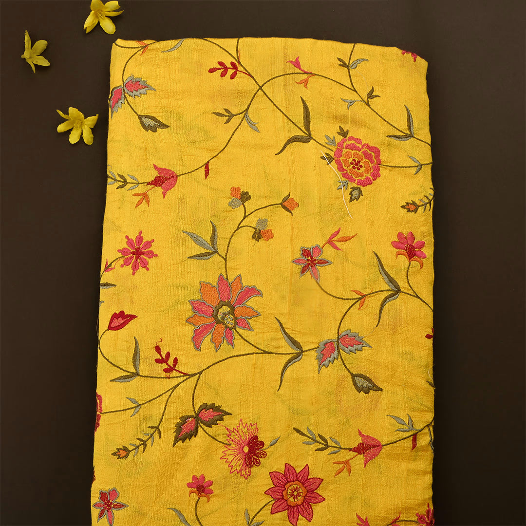 Burnt Yellow Dupion Raw Silk Embroidered Fabric