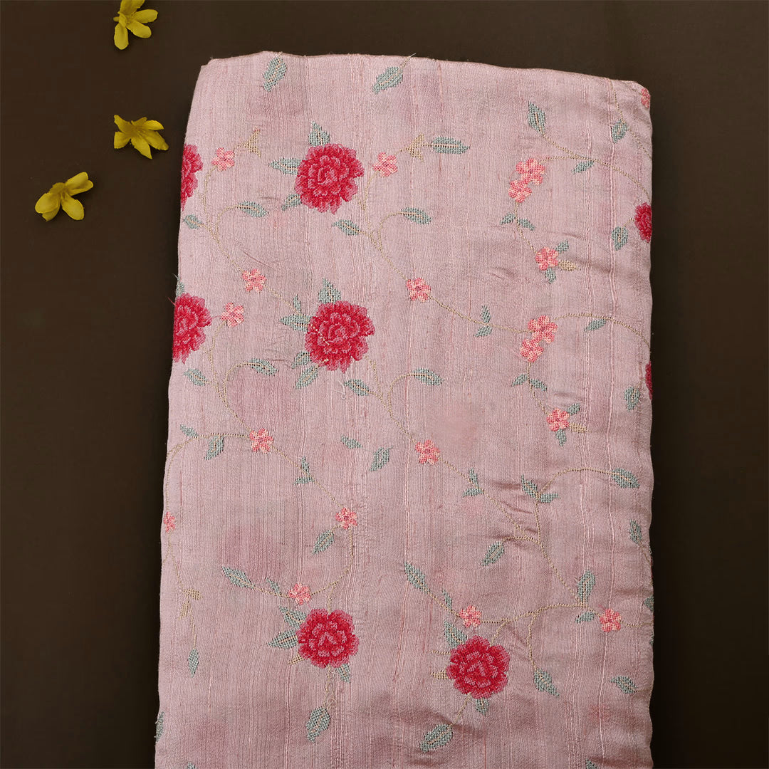 Light Mauve Red Dupion Raw Silk Petit Point Embroidered Fabric