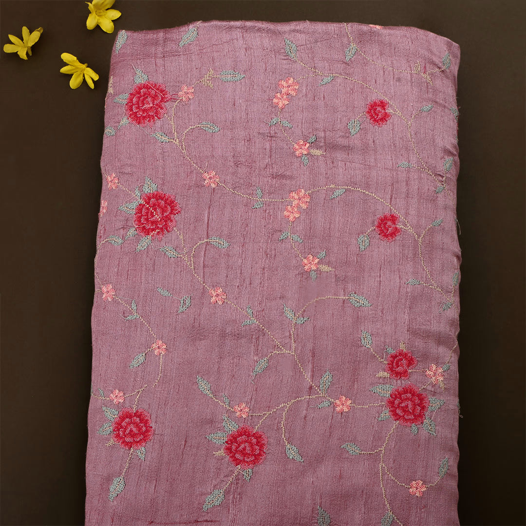 Dark Mauve Pink Dupion Raw Silk Petit Point Embroidered Fabric