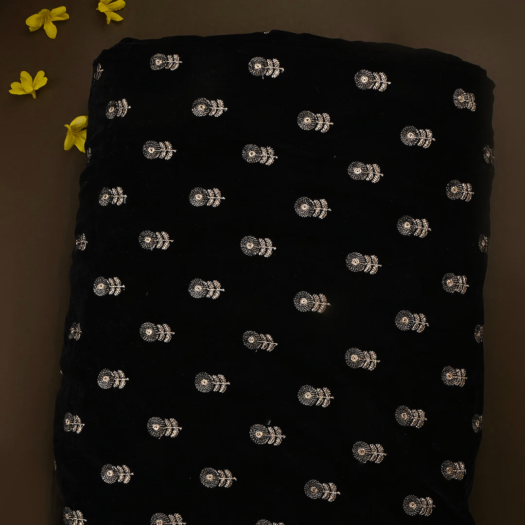 Black Velvet Zari Embroidered Fabric