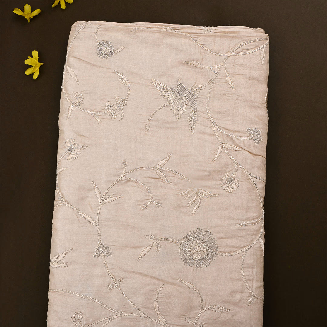 Off White Tussar Floral Embroidered Fabric