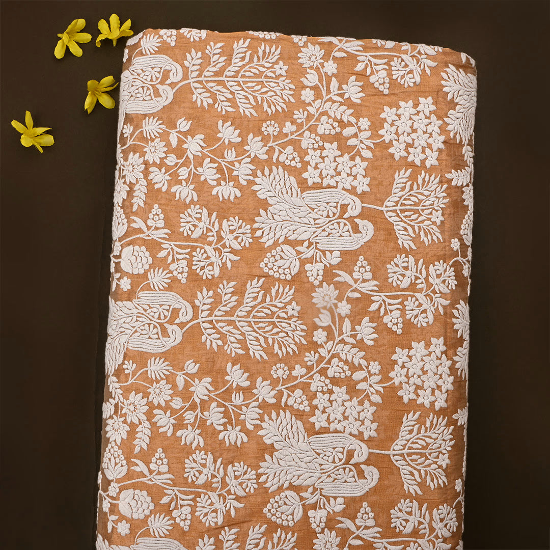 Orange Salmon Tissue Embroidered Fabric