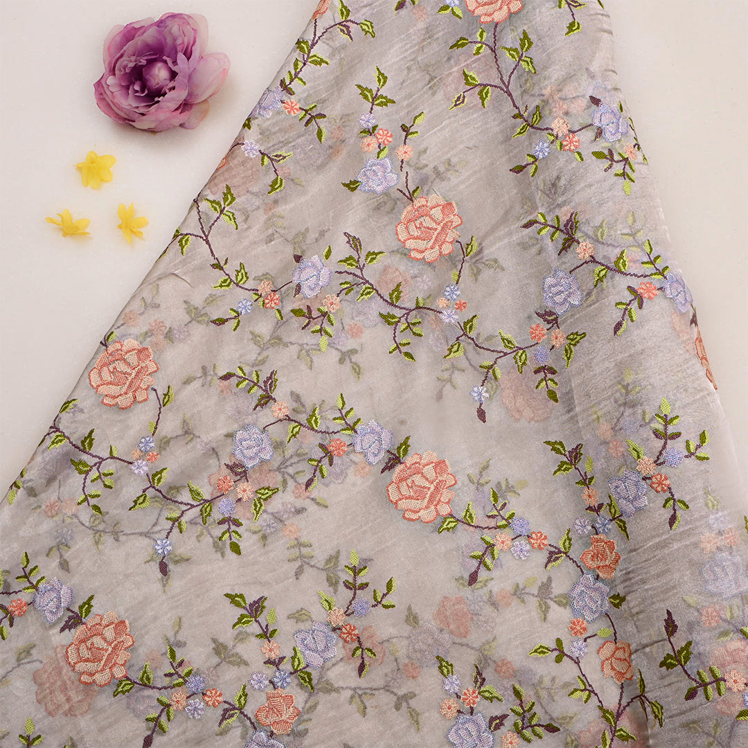 Shimmery Silver Tissue Petit Point Embroidered Fabric