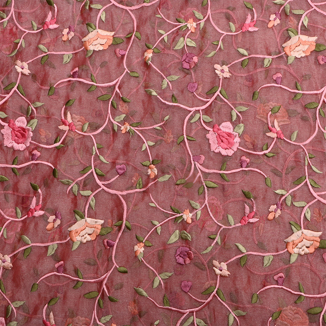 Lotus Red Tissue Floral Embroidery Fabric