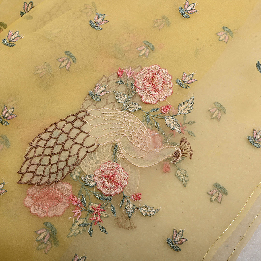 Pastel Yellow Organza Embroidered Fabric