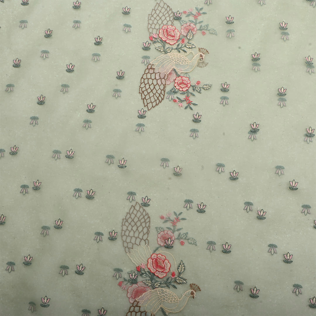 Turquoise Green Organza Embroidered Fabric