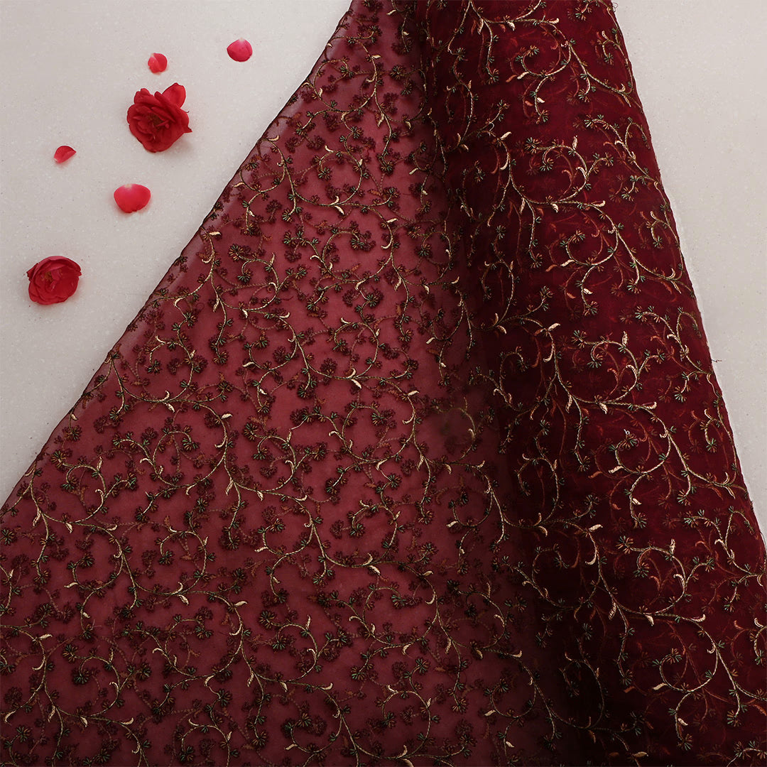 Aubergine Red Organza Thread Work Fabric