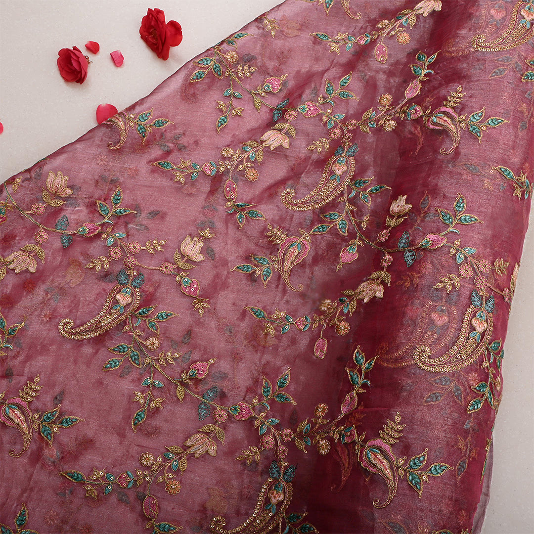 Brownish Purple Tissue Floral Embroidered Fabric