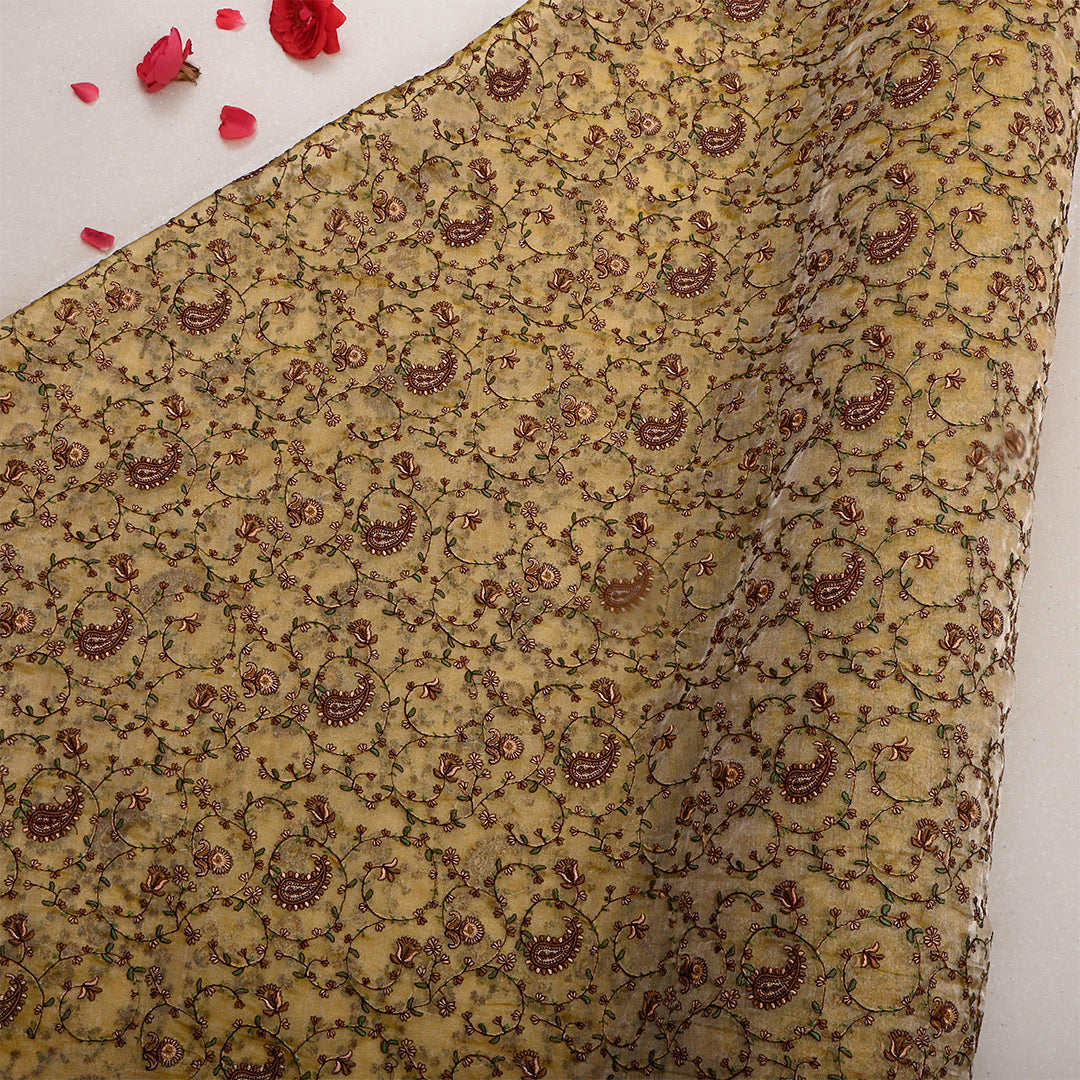 Buttered Rum Yellow Tissue Embroidered Fabric