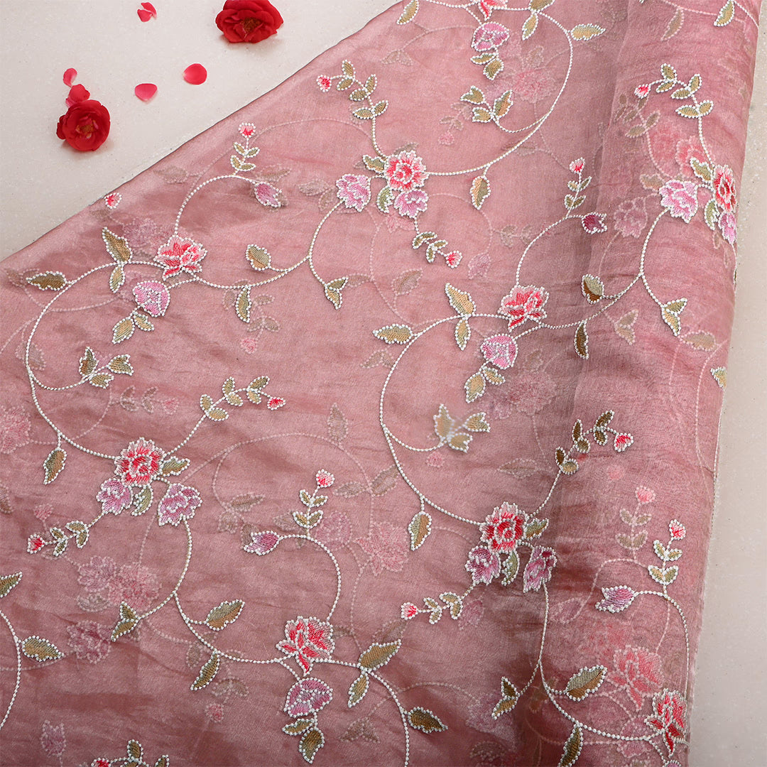 Lipstick Pink Tissue Embroidered Fabric