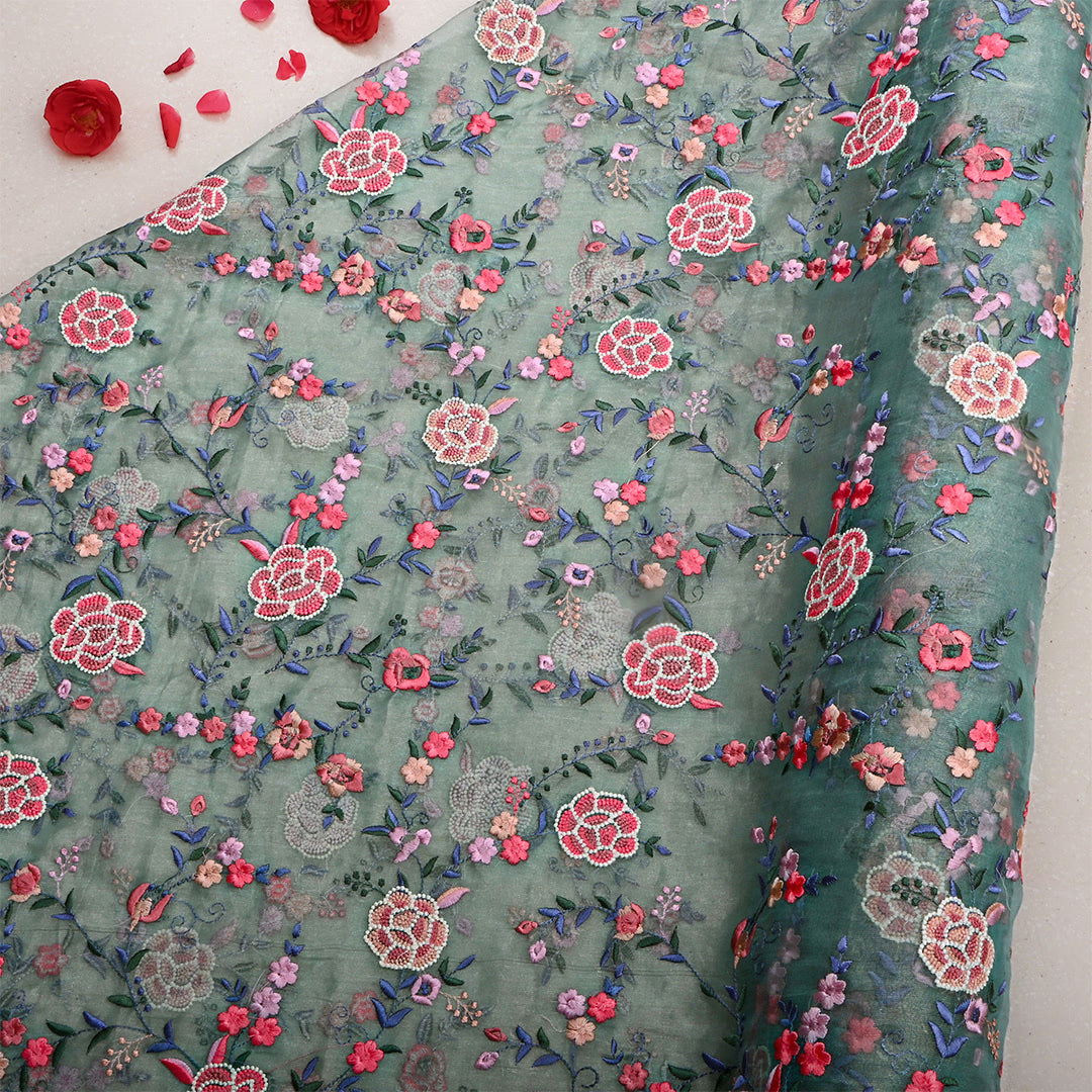 Light Viridian Green Tissue Floral Embroidered Fabric