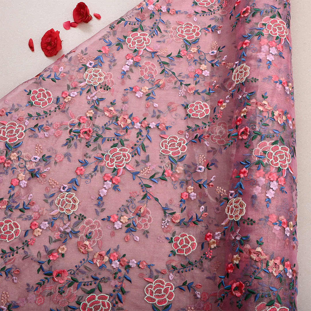 Greyish Pink Tissue Floral Embroidered Fabric