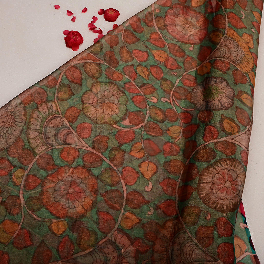 Rifle Green Tissue Floral Printed Fabric