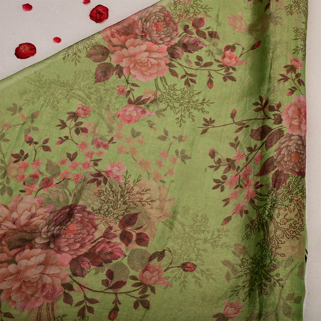 Drab Green Tissue Floral Printed Fabric
