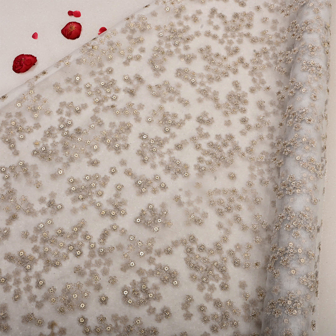 Off White Organza Zari Embroidered Fabric