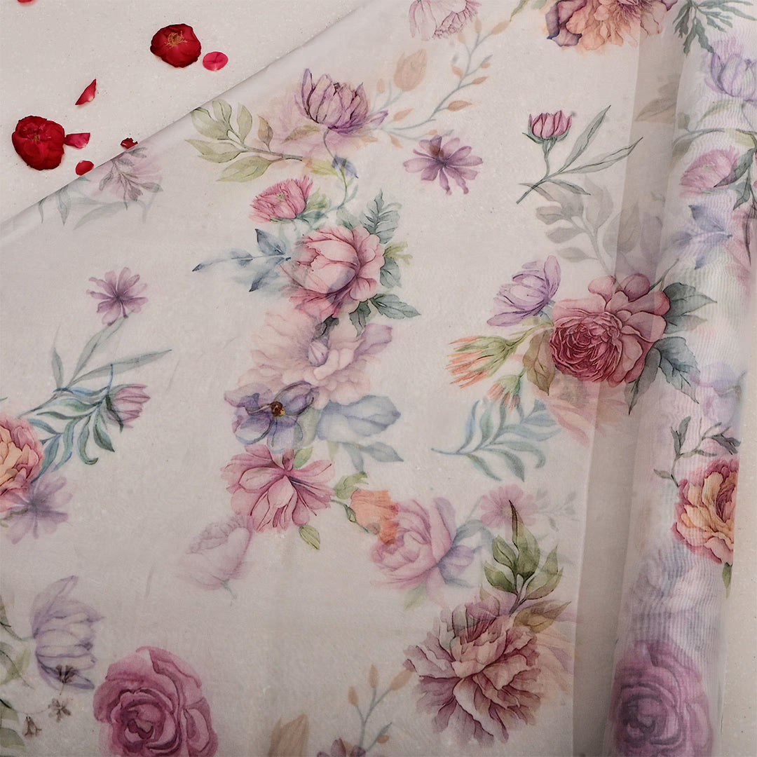 White Organza Floral Printed Fabric