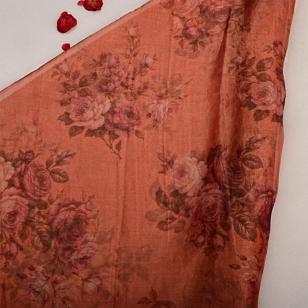 Cumin Red Tissue Floral Printed Fabric