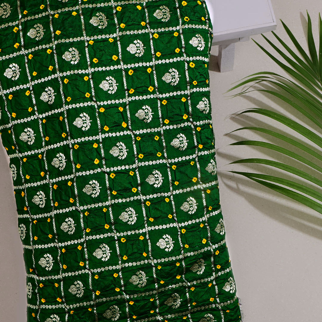 County Green Silk Bandhani Fabric With Checks Pattern