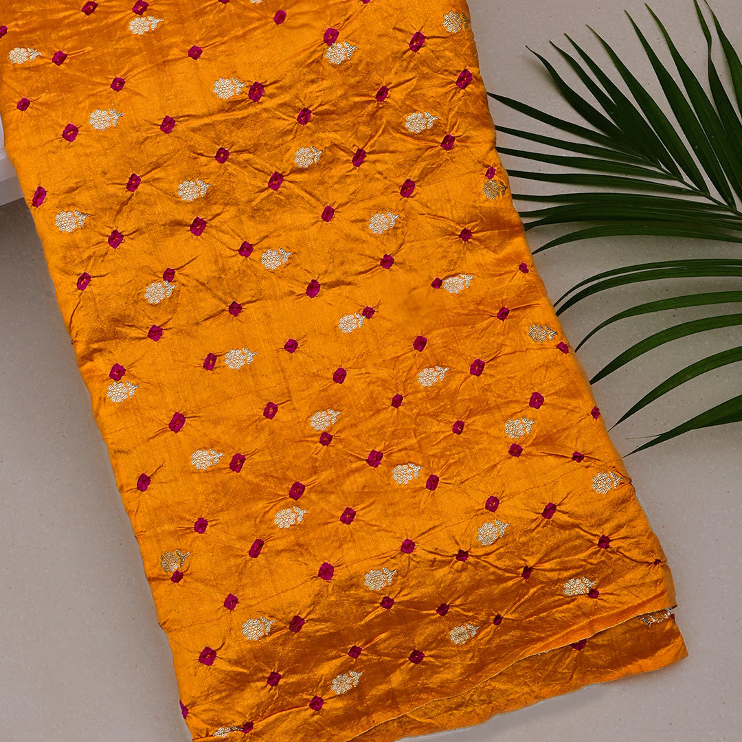 Rusty Orange Silk Bandhani Fabric With Floral Motifs