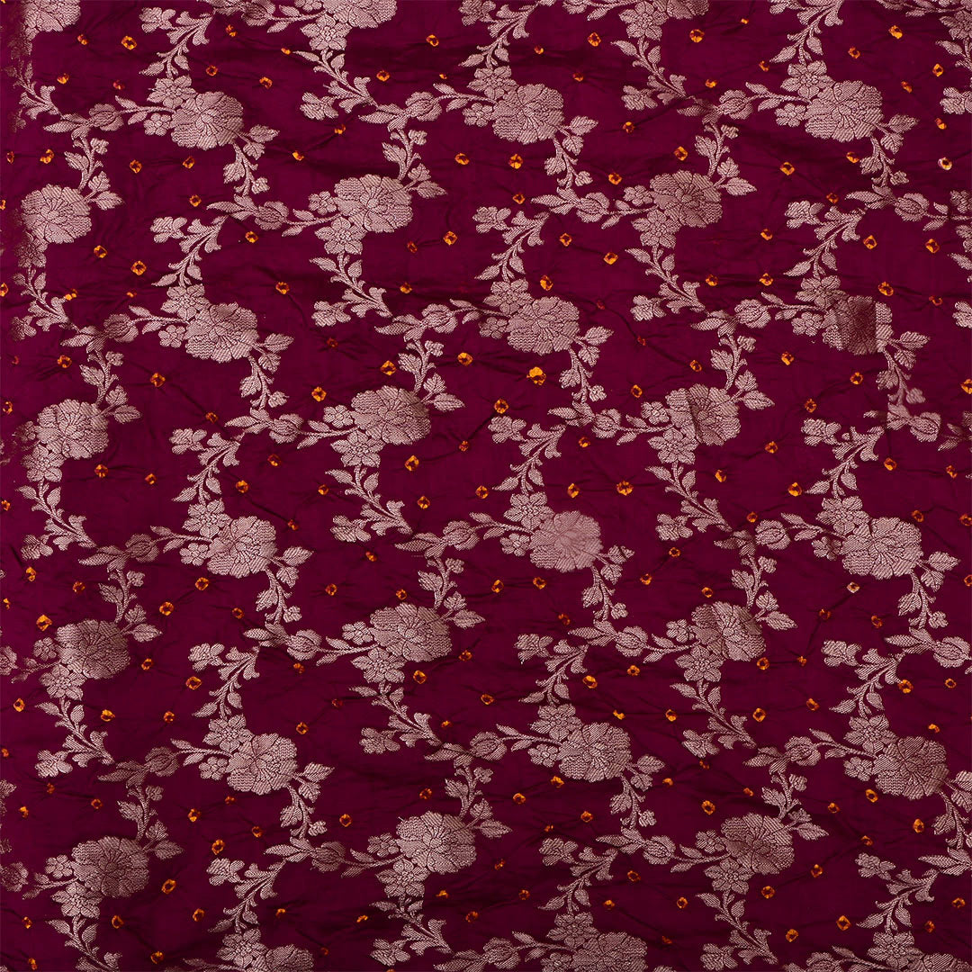 Castro Pinkish Red Silk Bandhani Fabric With Floral Jaal