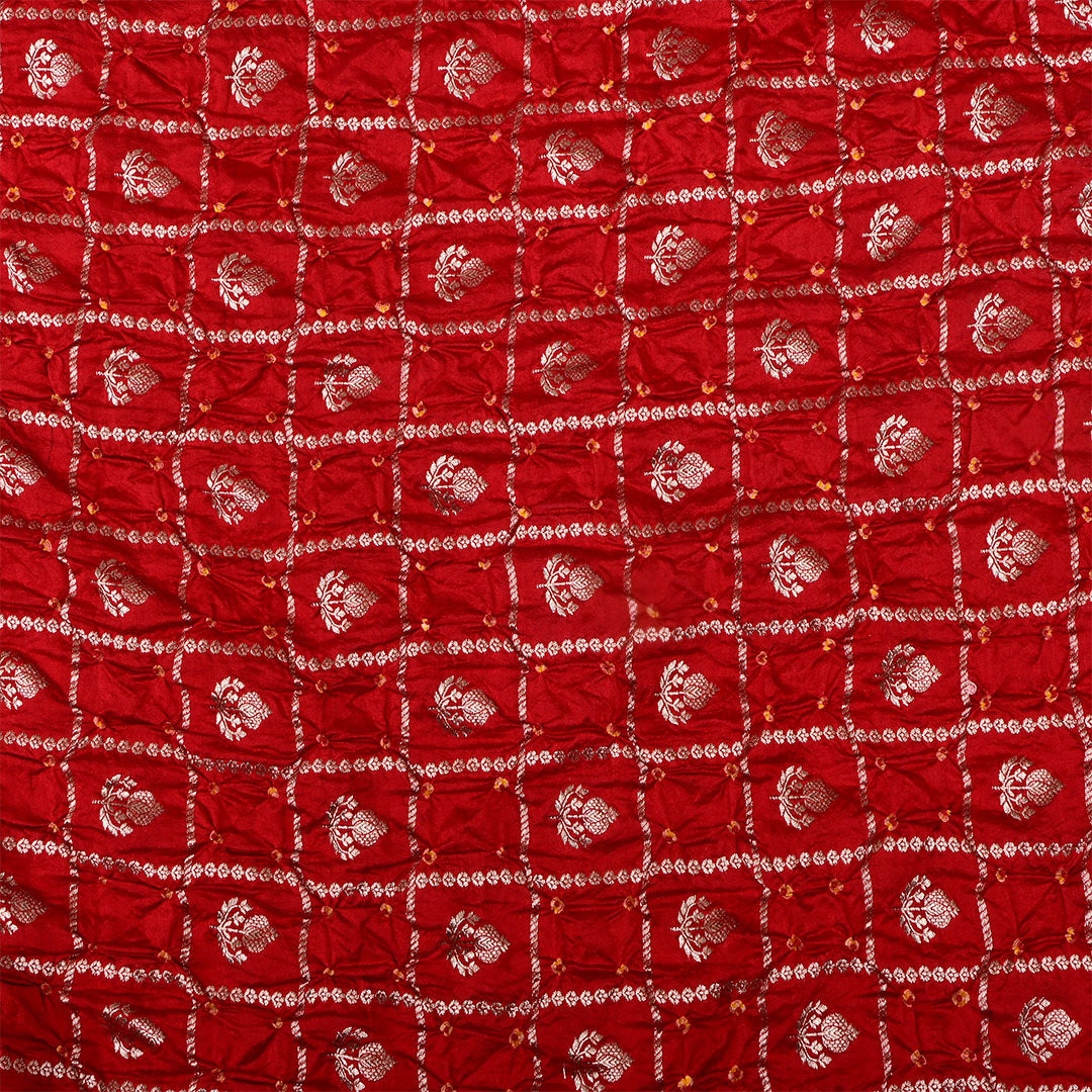 Vibrant Red Silk Bandhani Fabric With Checks Pattern