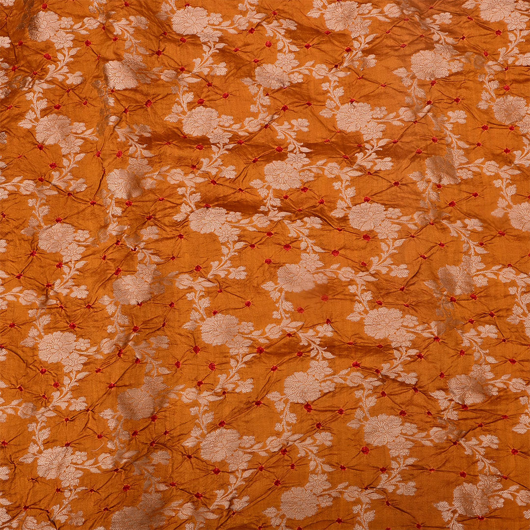 Rust Brown Silk Bandhani Fabric With Floral Jaal