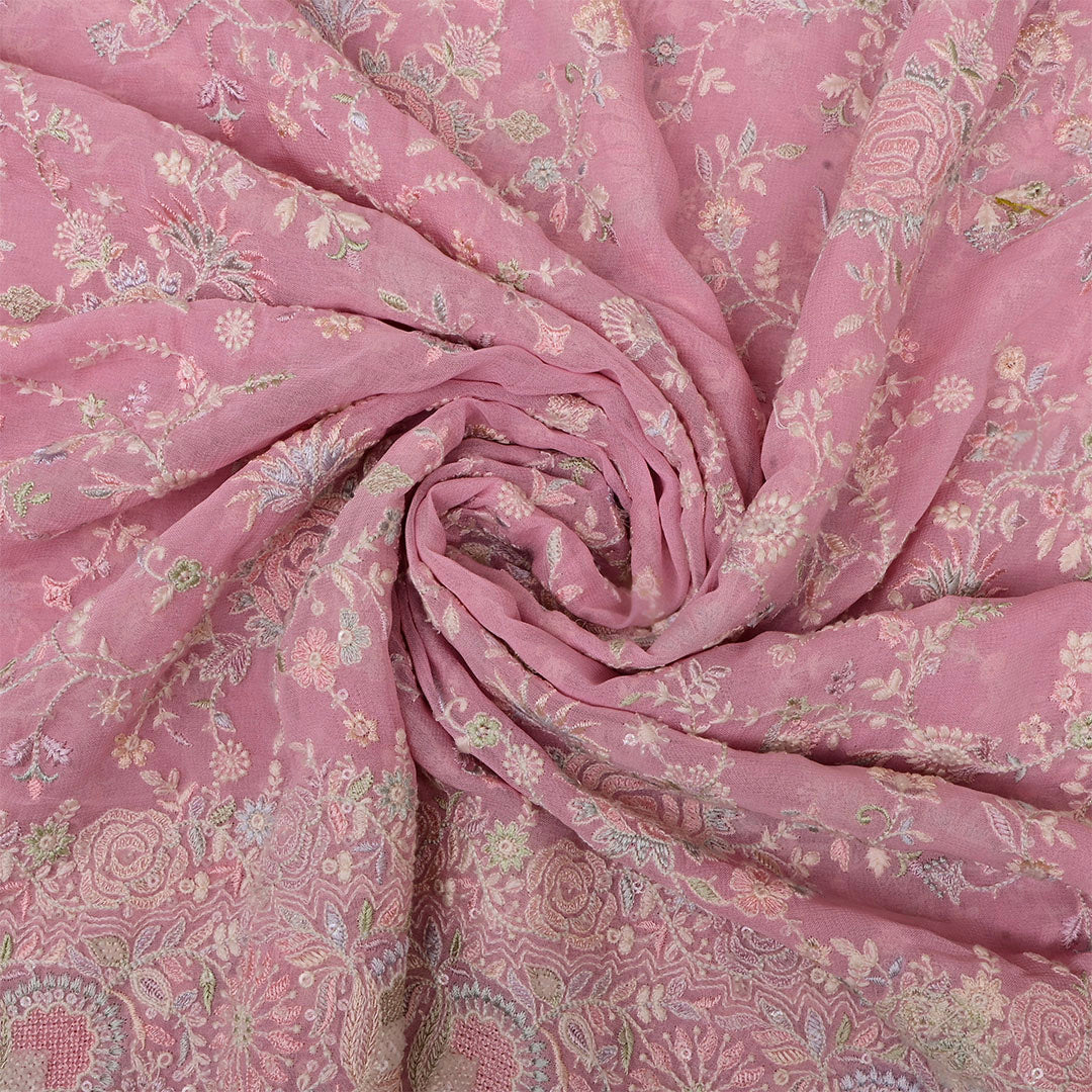 Turkish Rose Pink Georgette Embroidered Fabric