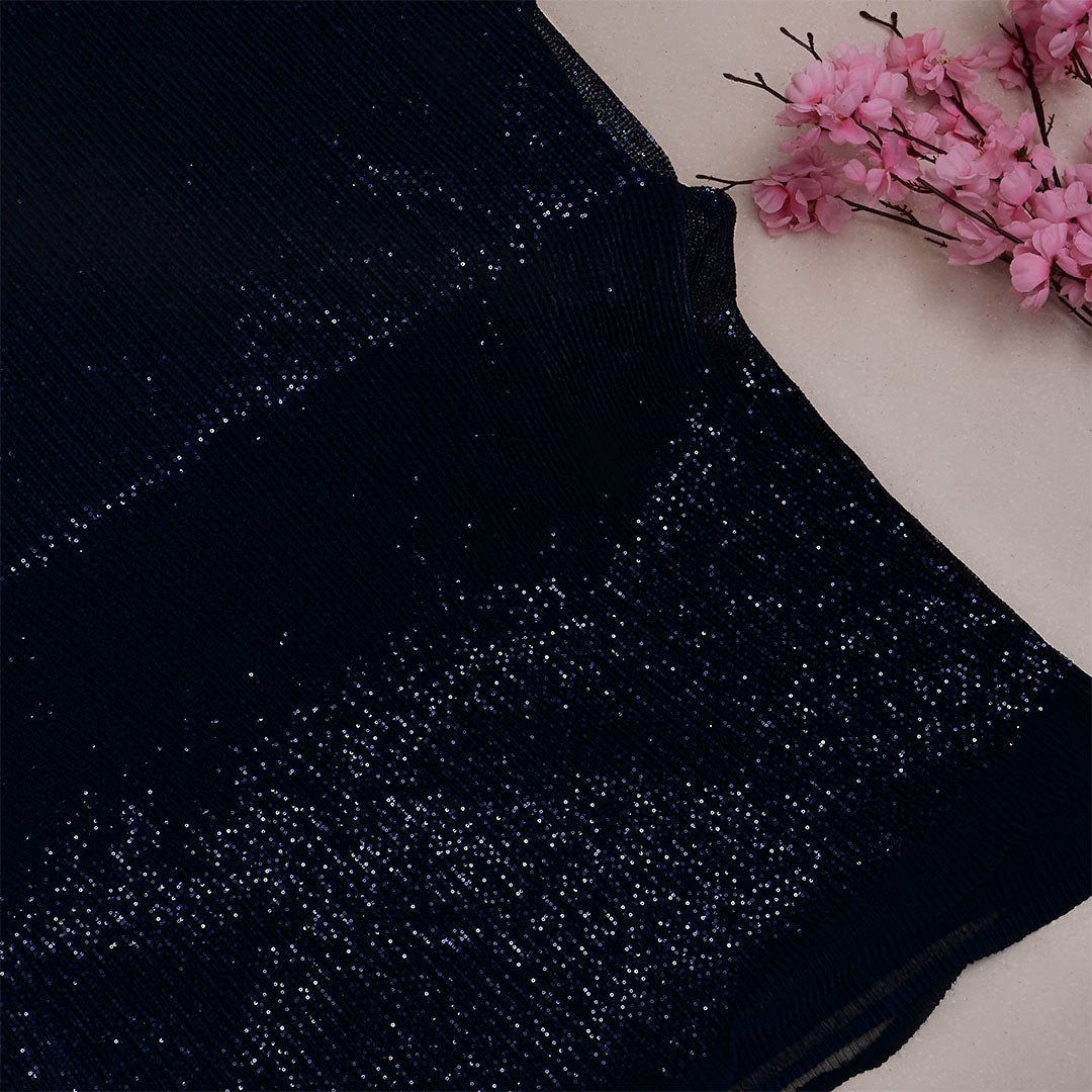 Dark Navy Blue Netted Sequins Work Fabric
